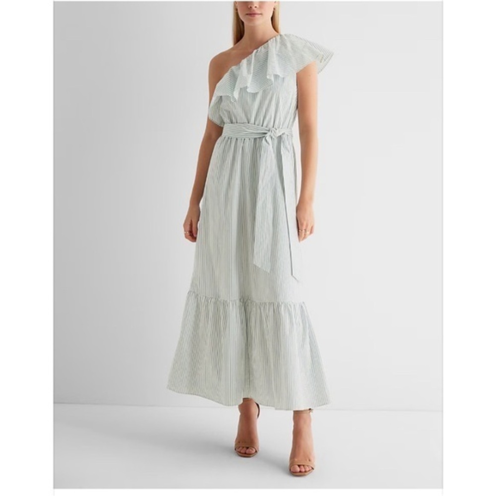 Express White and Blue Striped One Shoulder Ruffle Tie Waist Poplin Maxi Dress